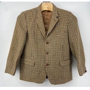Vintage Harris Tweed Sport Coat Mens 44 Tan Houndstooth Blazer Academia Wool
